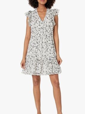 Club Monaco Floral Ruffle Sleeve Dress Cotton Silk